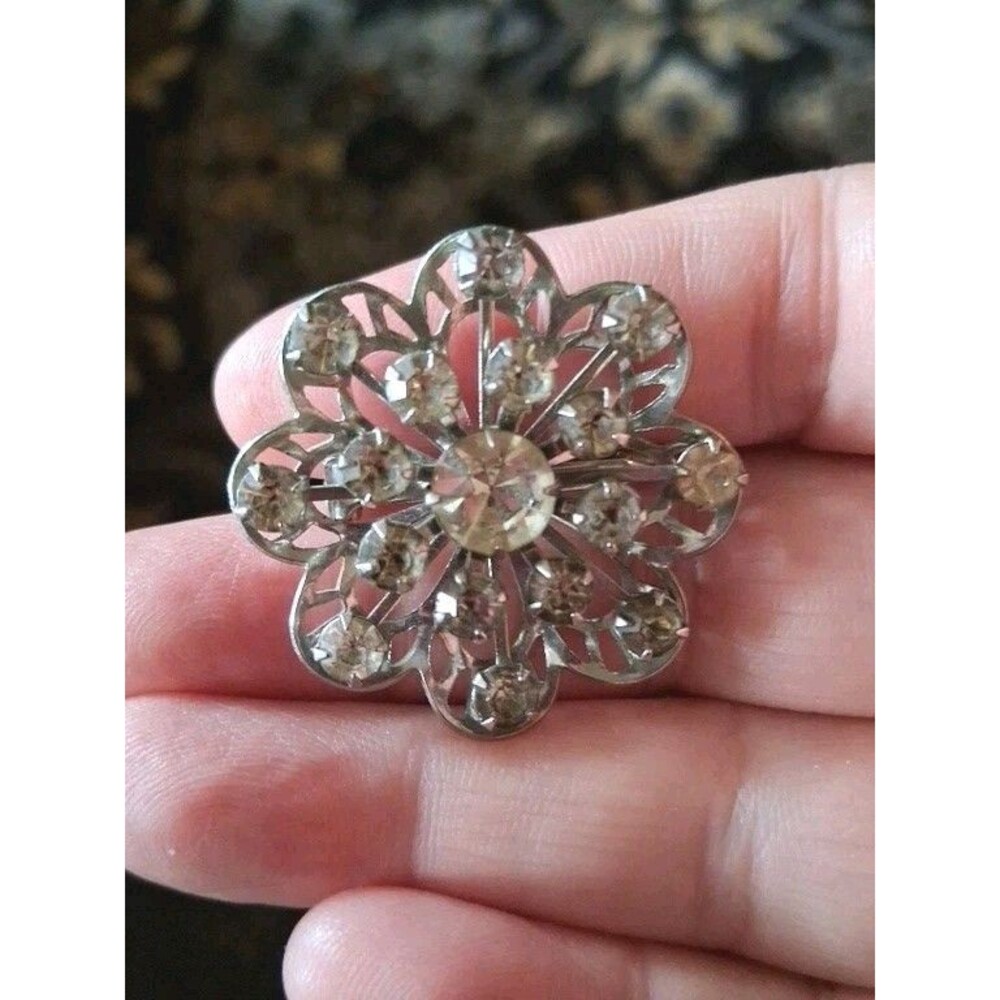 Vintage Clear Rhinestone Silver Tone Mid Century Brooch Pin Estate